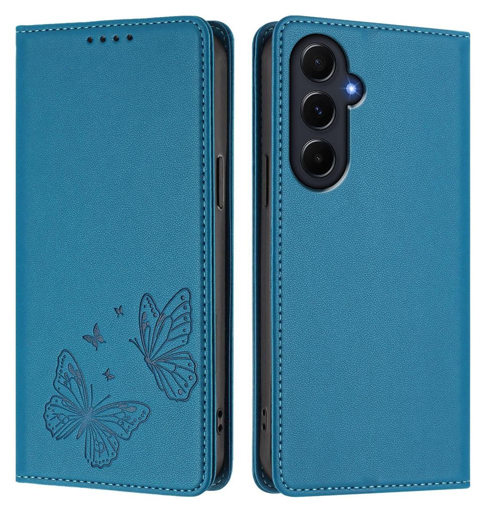 Lederhülle für Samsung Galaxy A55, Schmetterling Prägung Leder Brieftasche Schutzhülle mit Ständer Blau