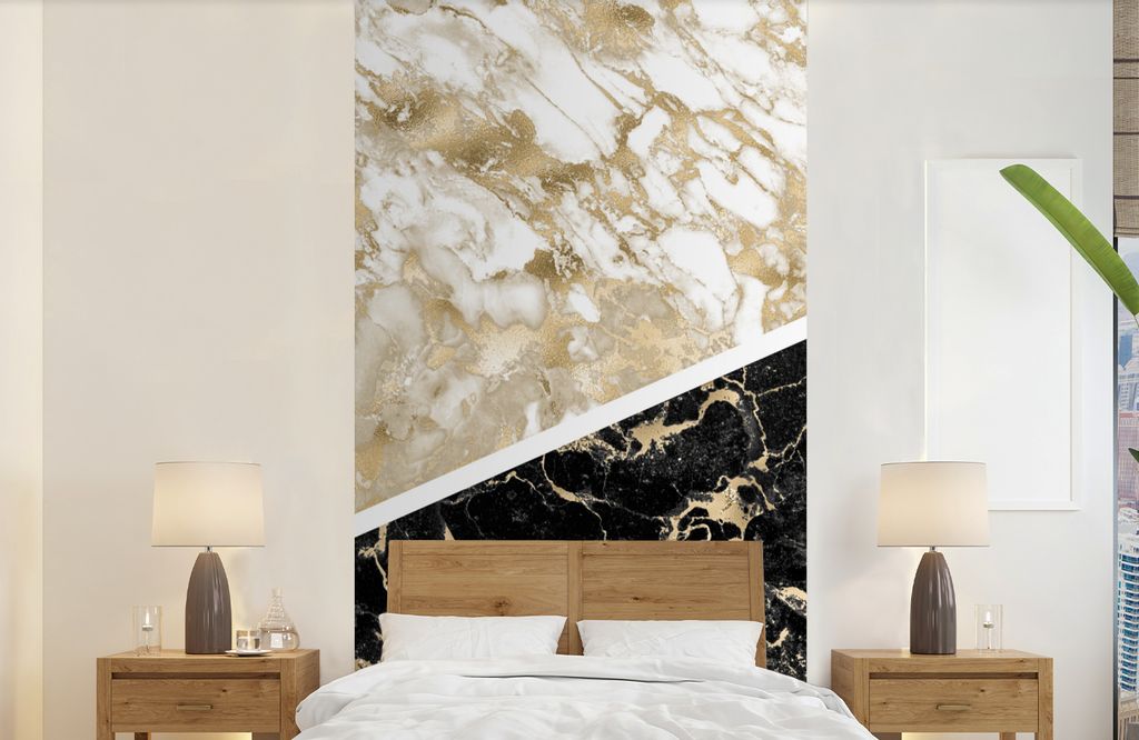 MuchoWow Fototapete für Wohnzimmer oder Schlafzimmer Wandtapete Vinyl Motivtapete Marmor - Schwarz und Gold - Schick - 120x240 cm - Hintergrundbild