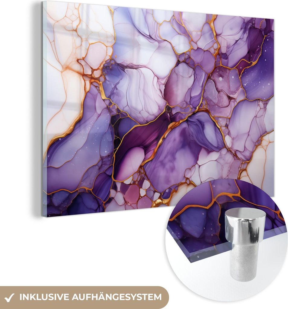MuchoWow Glasbilder - Bilder auf Wandbild - Foto auf Glas Marmor - Lila - Flieder - Gold 30x20 cm Wanddekoration aus Glas - Acrylglasbild - Acrylbi...