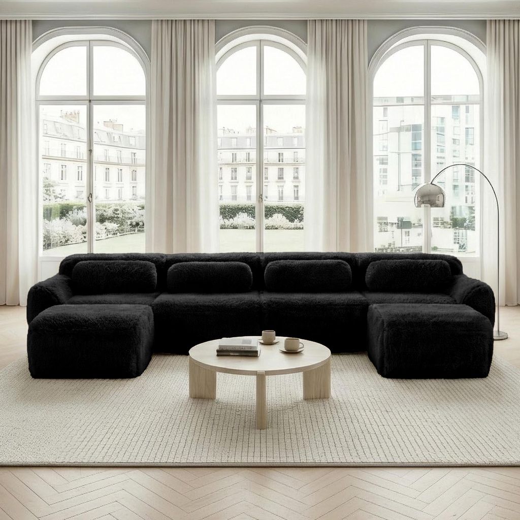 MODFU 4-Sitzer Ecksofa,Modulares Sofa mit Geschwungene und 2 Ottoman,U-förmiges Relaxsofa mit Rutschfester Boden & Kissen,Plüschstoff,Schwarz