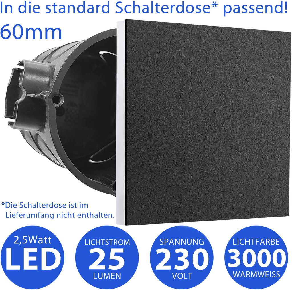 6 x Moderne LED Treppenbeleuchtung 2,5 Watt eckig 6107S-BK Produktbild 