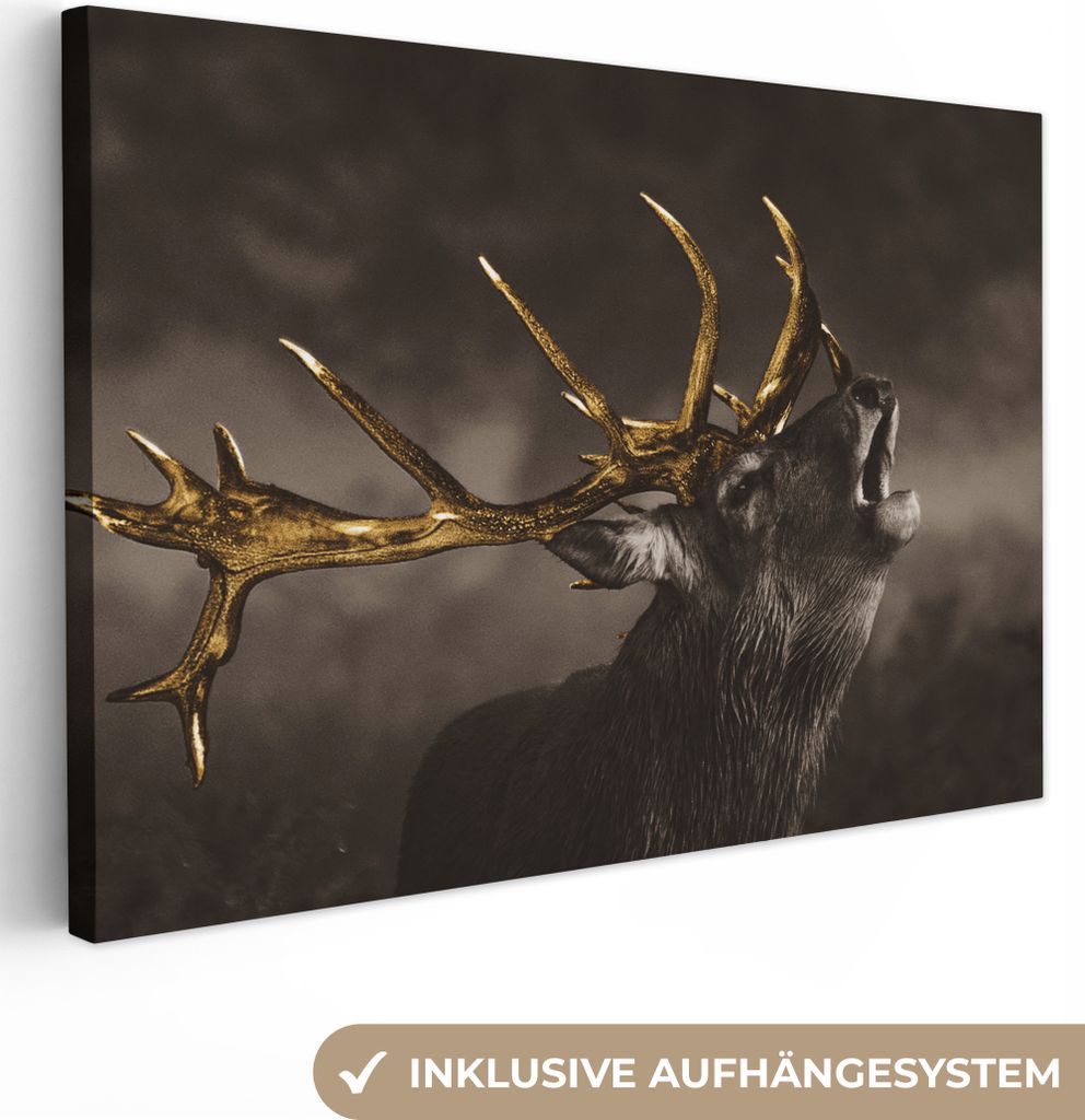 MuchoWow - Leinwandbilder - Rotwild - Schwarz - Gold, Wandbild, Wanddeko Bilder Wohnzimmer, 90x60 cm