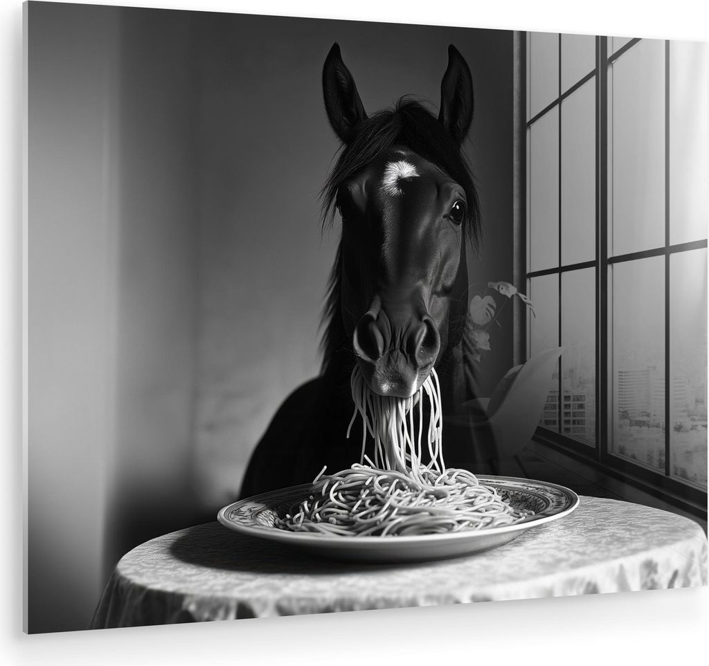 MuchoWow Glasbilder - Bilder auf Wandbild - Foto auf Glas Pferd - Teller - Pasta - Tischtuch - Schwarz und weiß - Tiere 40x30 cm Wanddekoration au...