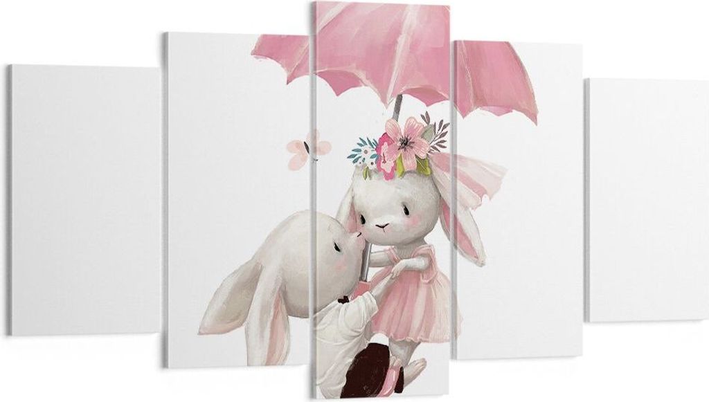 Bild auf Leinwand - Leinwandbild - 5 Teile - Hasen Regenschirm Kinder - 160x85cm - Wand Bild - Wanddeko - Wandbilder - Leinwanddruck - Bilder - Wan...