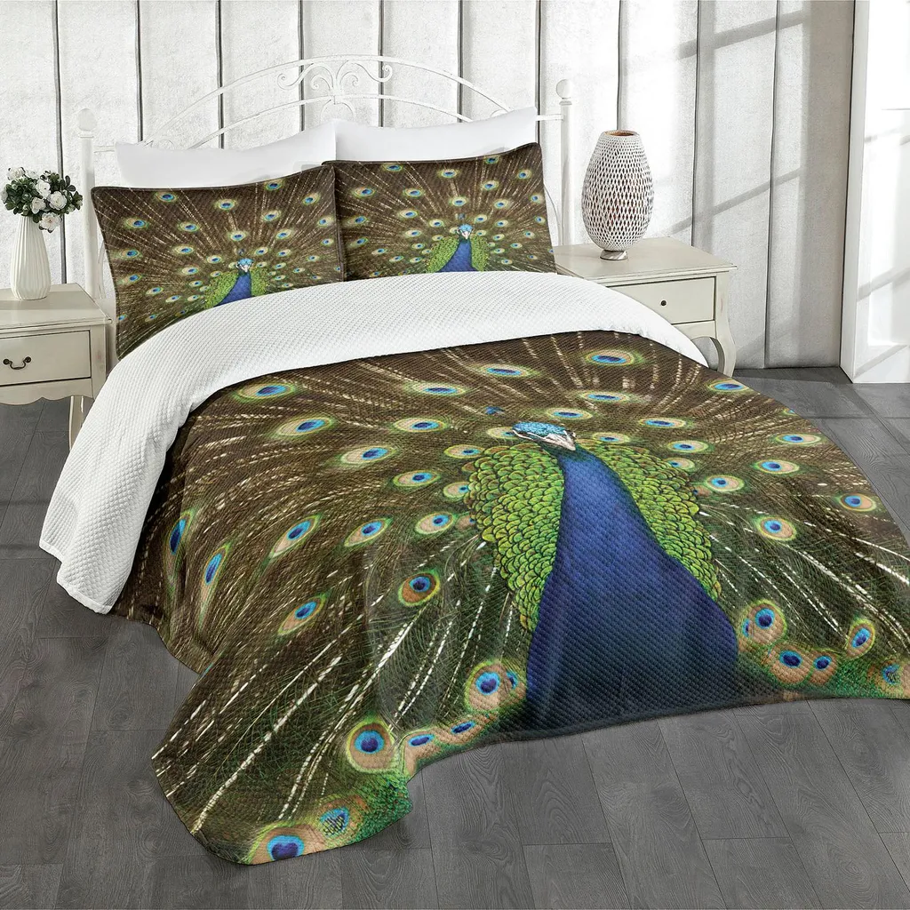 Set Copriletto Pavone ABAKUHAUS 264x220cm Verde Marrone Blu