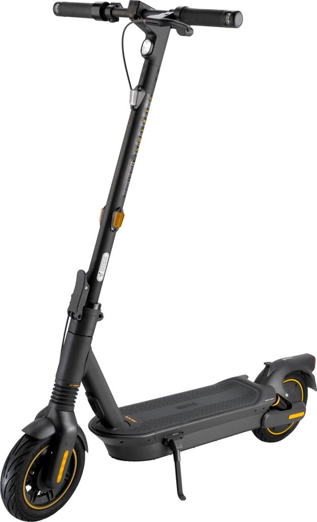 A black electric scooter with yellow accents is shown against a white background.