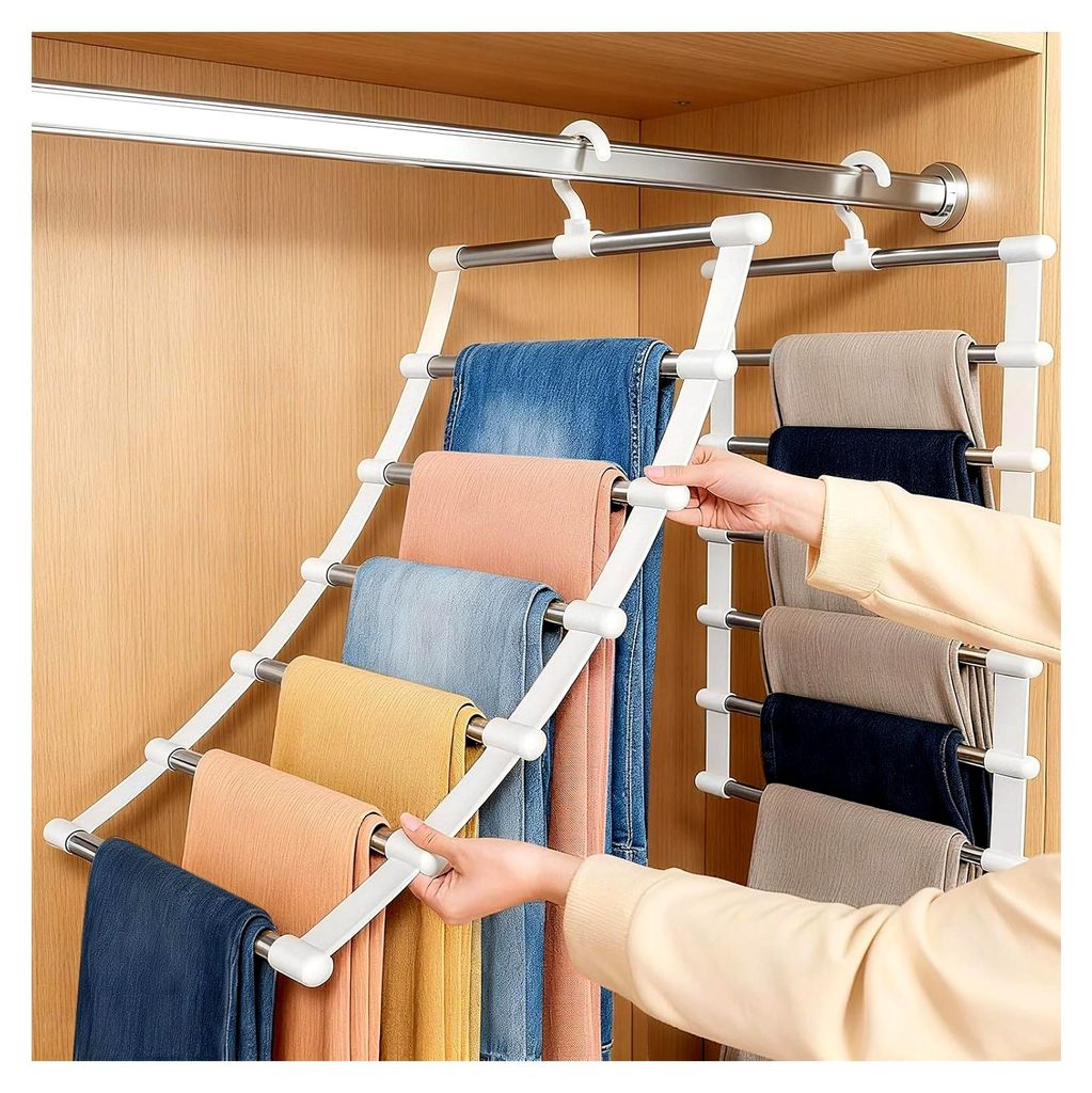2 Stück Hosenbügel Platzsparend, Kleiderbügel 6 Etagen Edelstahl, Faltbarer Kleiderbügel, Organizer Platzsparend für Hosen, Gürtel, Schals, H...