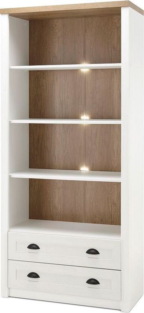 Bücherregal mit 2 Schubkästen im Landhausstil PISA-61 in Pinie weiß und Eiche hell, B/H/T ca.: 90/198/43 cm