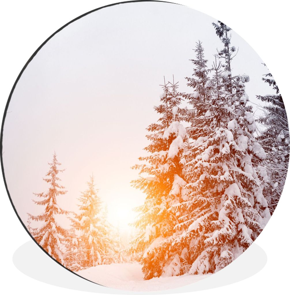 MuchoWow Aluminium Wandkreis Sonne - Bäume - Schnee Ø 90 cm Wanddeko Modern Wohnzimmer - Mauerkreis - Wandbilder - Runde Bild - Bild aus Alumin...