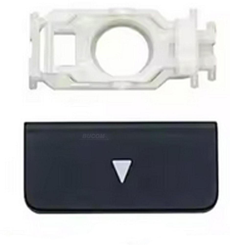 A white plastic bracket is shown above a black rectangular button with a white triangle pointing down.