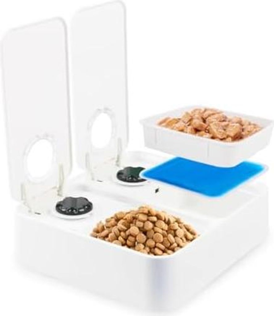 ALL FOR PAWS Automatischer Katzenfutterspender 2 Mahlzeit Hundefutterspender mit Eisbeutel, Für Trocken- und Nassfutter geeignet mit 48-Stunden-Ti...