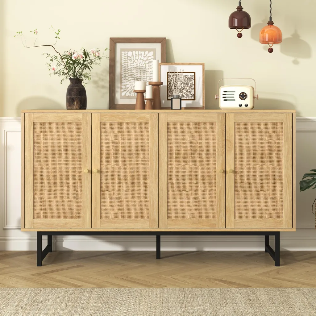 Buffet en rotin véritable 4 portes aspect bois et pieds noirs mats