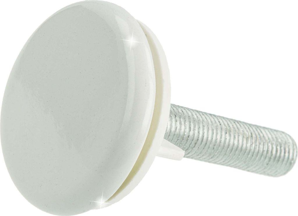 A close-up studio shot of a white faucet hole cover with a threaded metal post.