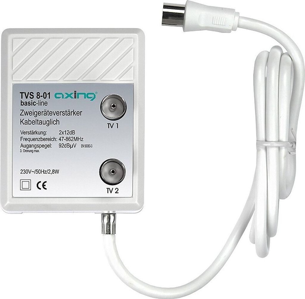 A white TV signal splitter/amplifier with cables and connectors.