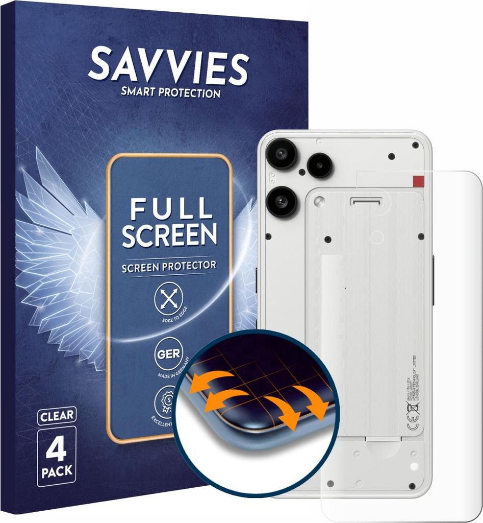 4x Savvies Fullscreen Schutzfolie für Nothing Phone (3a) Lite (Rückseite) Displayschutz Folie Fullcover Klar Transparent