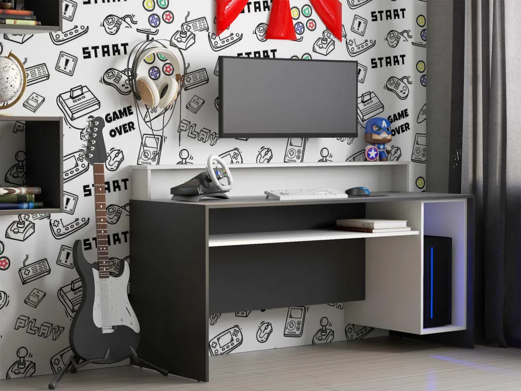 Table de bureau gamer 140 cm Beri blanc et noir pour setup informatique