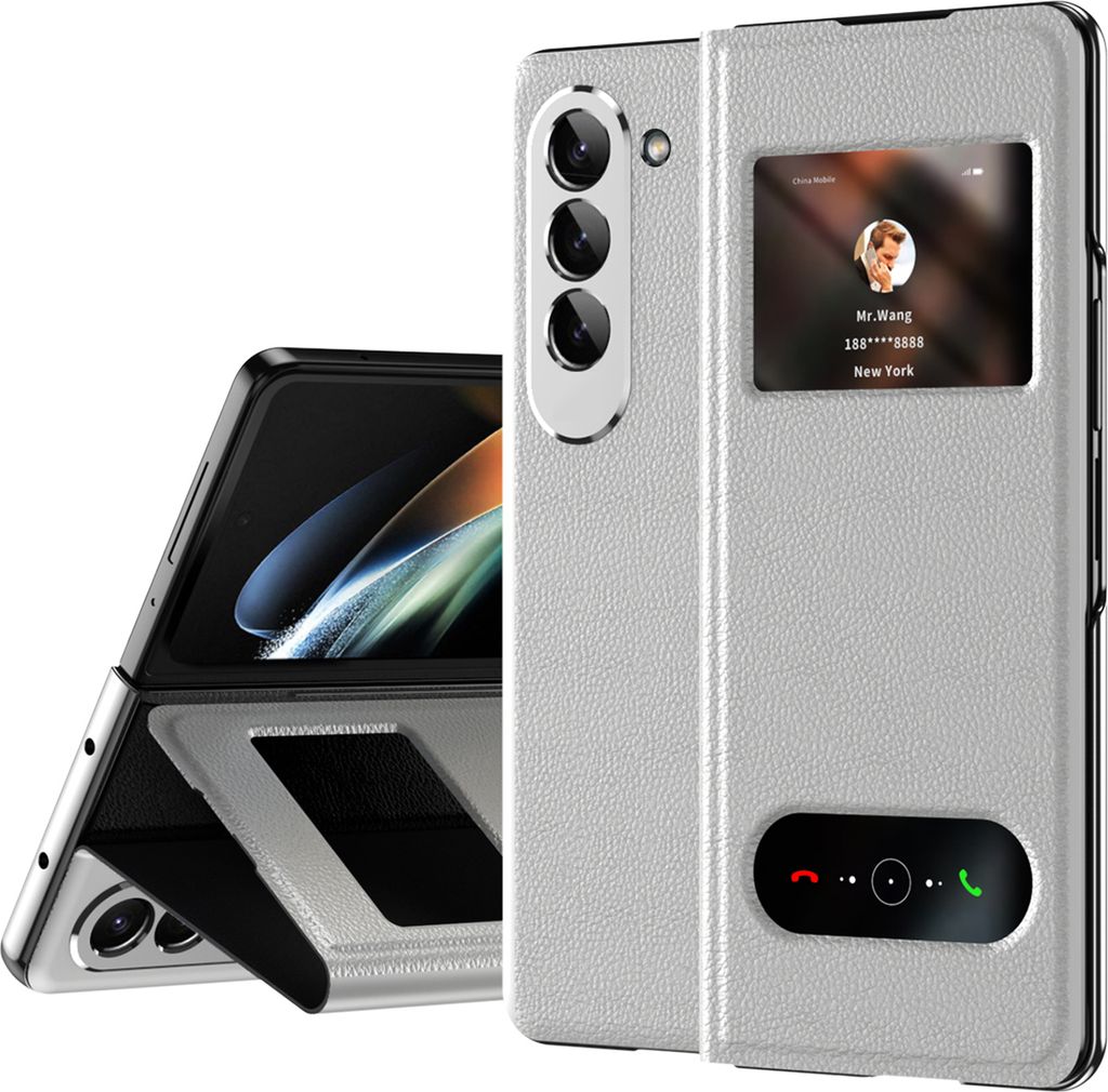 Hülle für Samsung Galaxy Z Fold 5 Schlank Flip Leder View-Fenster Schutzhülle mit Standfunktion Weiß