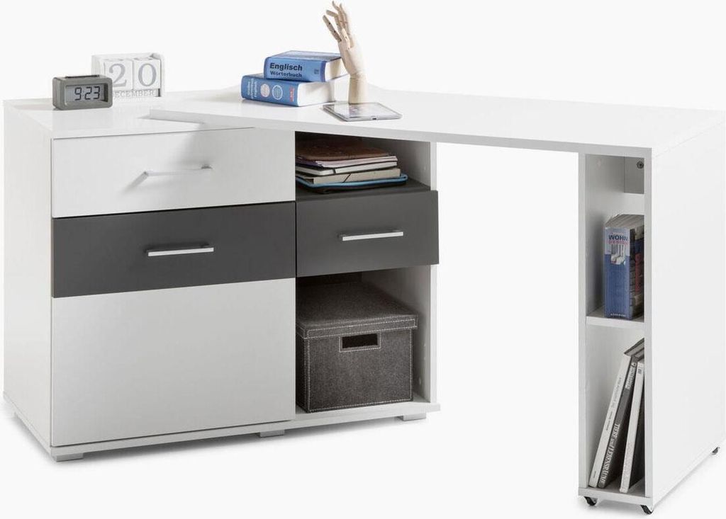 Winkelschreibtisch MADRID weiß grau Eckschreibtisch rollbar Produktbild 