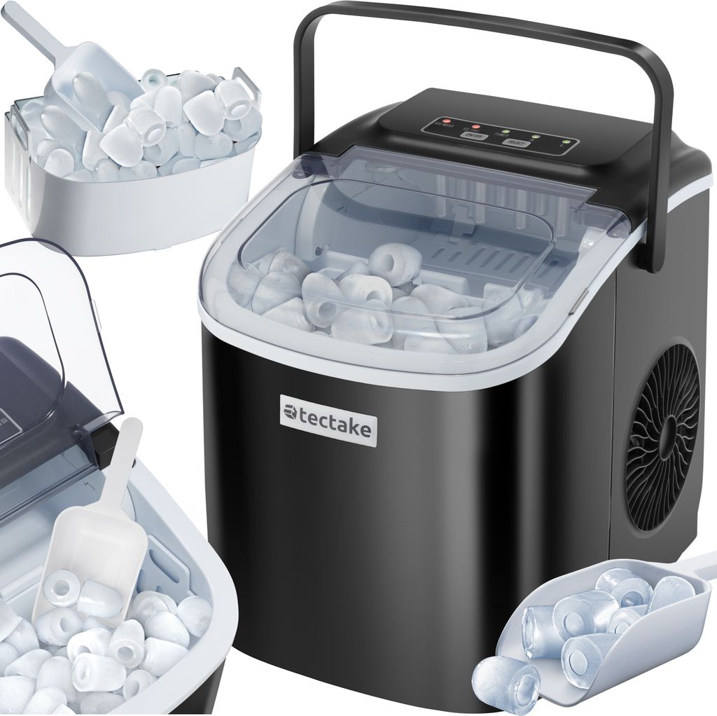 A collage of images showing a portable ice maker and ice cubes.