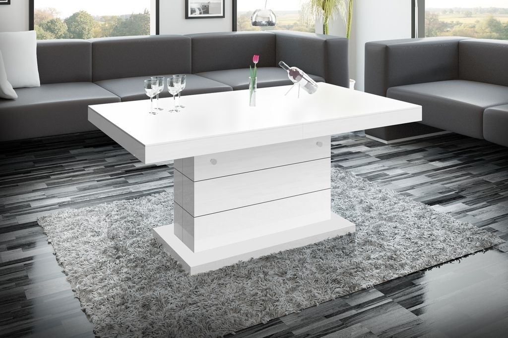Design Couchtisch Tisch H-333 Weiß MATT / HOCHGLANZ KOMBINATION höhenverstellbar ausziehbar Esstisch