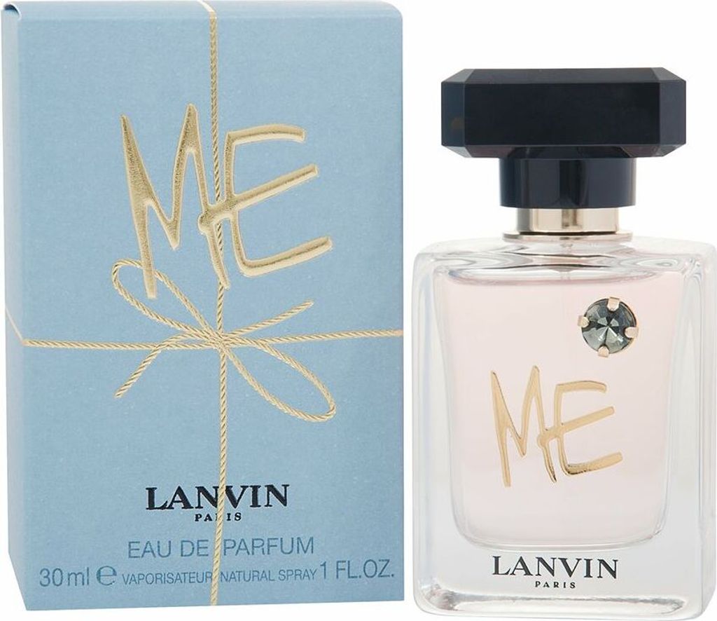 A perfume bottle and its packaging are displayed side-by-side against a white background.
