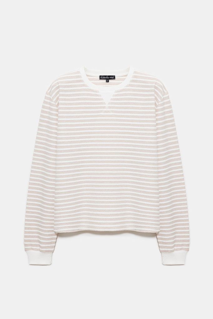 Langärmeliges gestreiftes Sweatshirt, Beige, S
