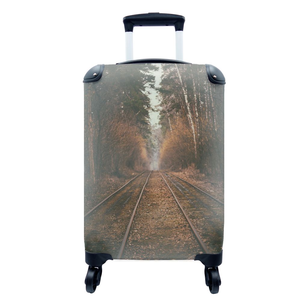 MuchoWow Koffer Handgepäck Trolley Rollkoffer Kleine Reisekoffer mit 4 Rollen - Bahnstrecke - Weg - Wald - Baum - Cabin Size < 55x40x23 cm & 55x...