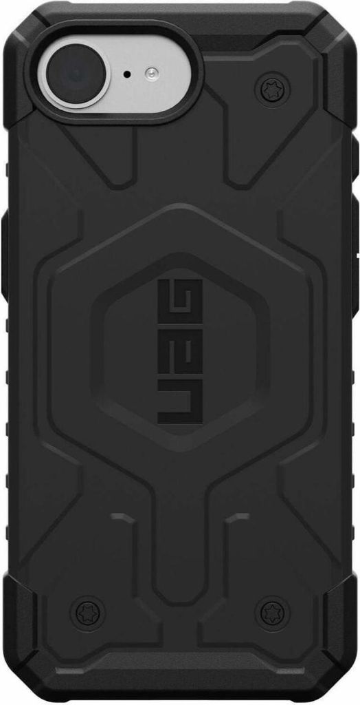 A black phone case with a textured design and the UAG logo in the center.