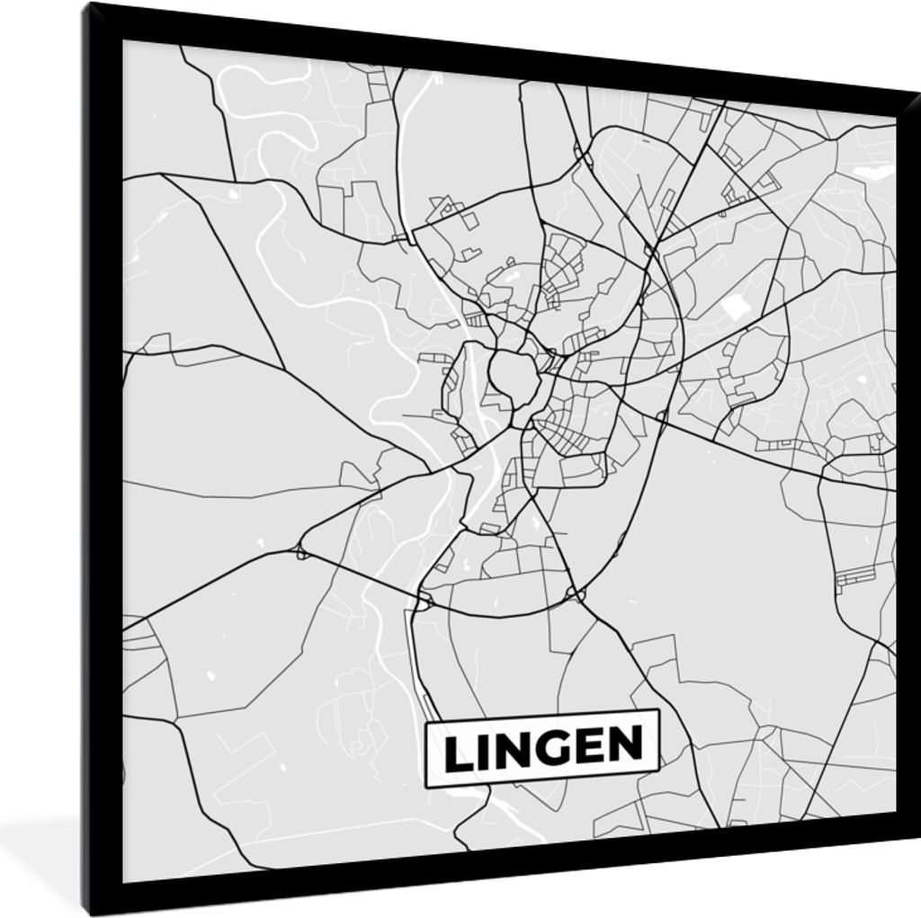 MuchoWow Gerahmtes Poster Karte - Deutschland - Lingen - Karte - Stadtplan 40x40 cm - Poster mit Schwarzem Bilderrahmen Wandposter Rahmen Foto Bi...
