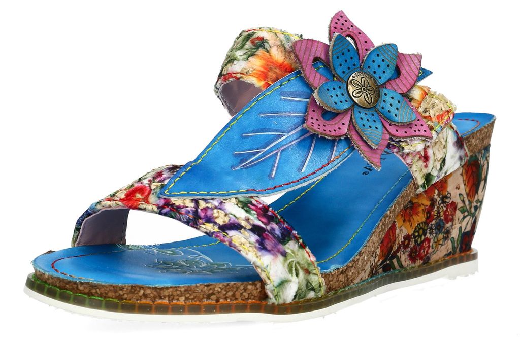 Laura Vita Damen Pantolette Blume Blatt Applikation Niete Keilabsatz HACEO 10, Größe:39 EU, Farbe:Blau