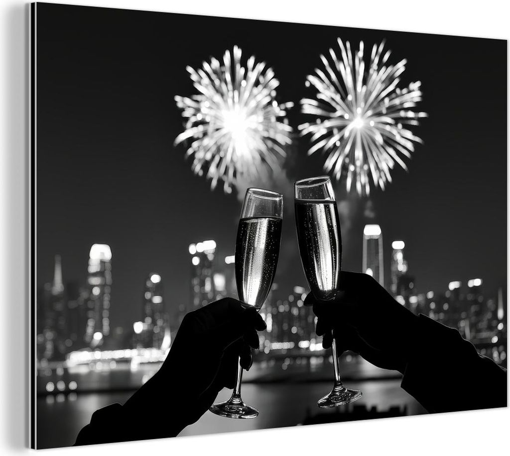 MuchoWow Wanddekoration Metall Metallbild Wandkunst 60x40 cm Feuerwerk - Prost - Skyline - Champagner MuchoWow Aluminium Gemälde - Gemälder