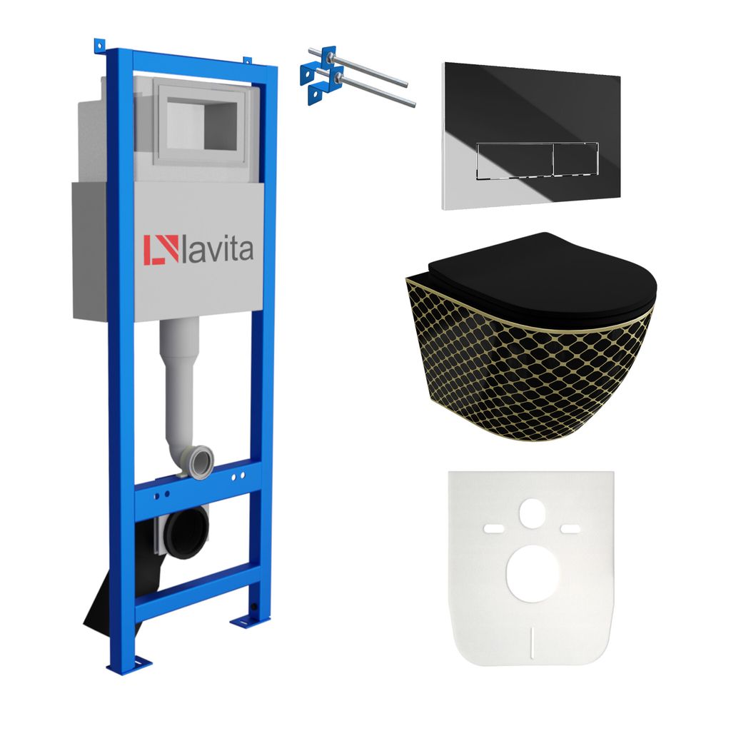 Lavita LAV 101 Vorwandelement für WC 40cm + Wand Hänge Tiefspül WC SOFI SLIM BLACK NIGHT Spülrandlos + Bedienplatte LAV 200.3.2 Verchromt | Kom...