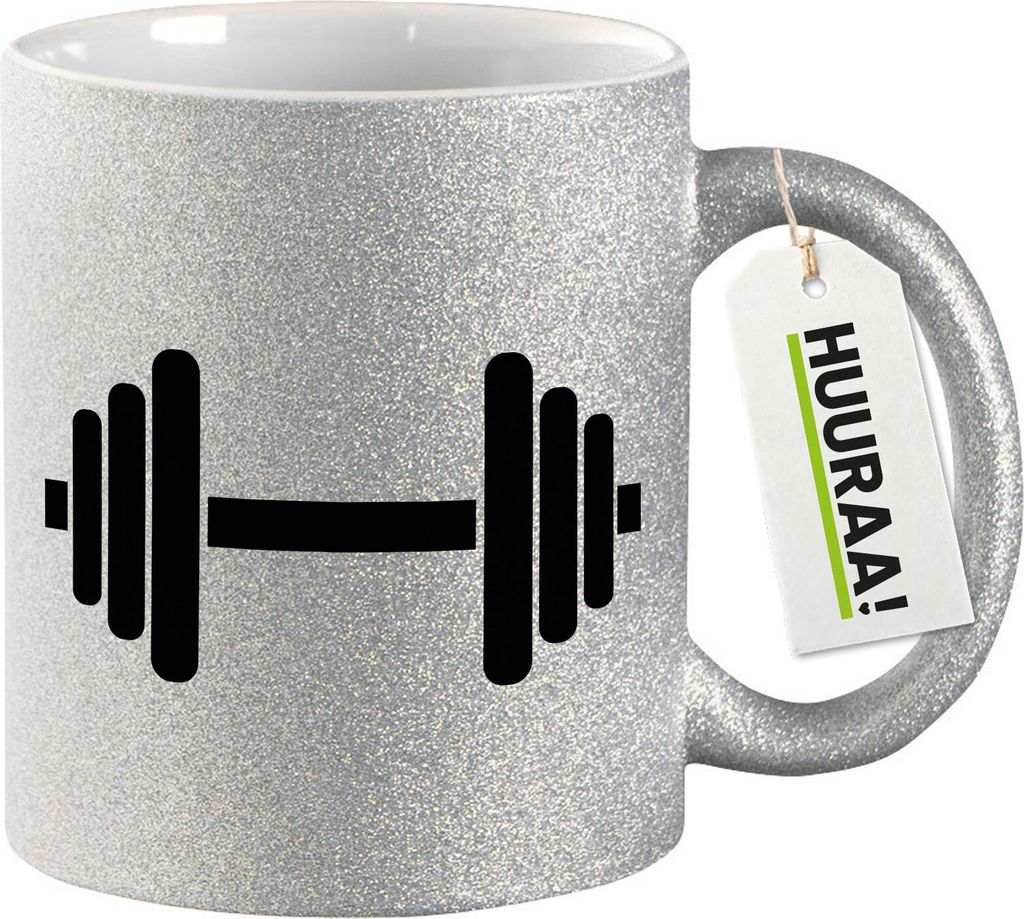 Huuraa Glitzertasse Hantel Silhouette 330ml Silber Keramik Kaffeebecher Geschenkidee