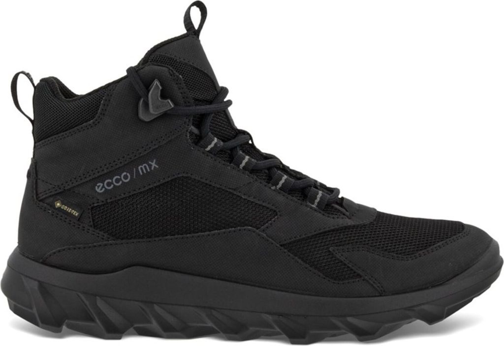A black Ecco sneaker boot is shown against a white background.