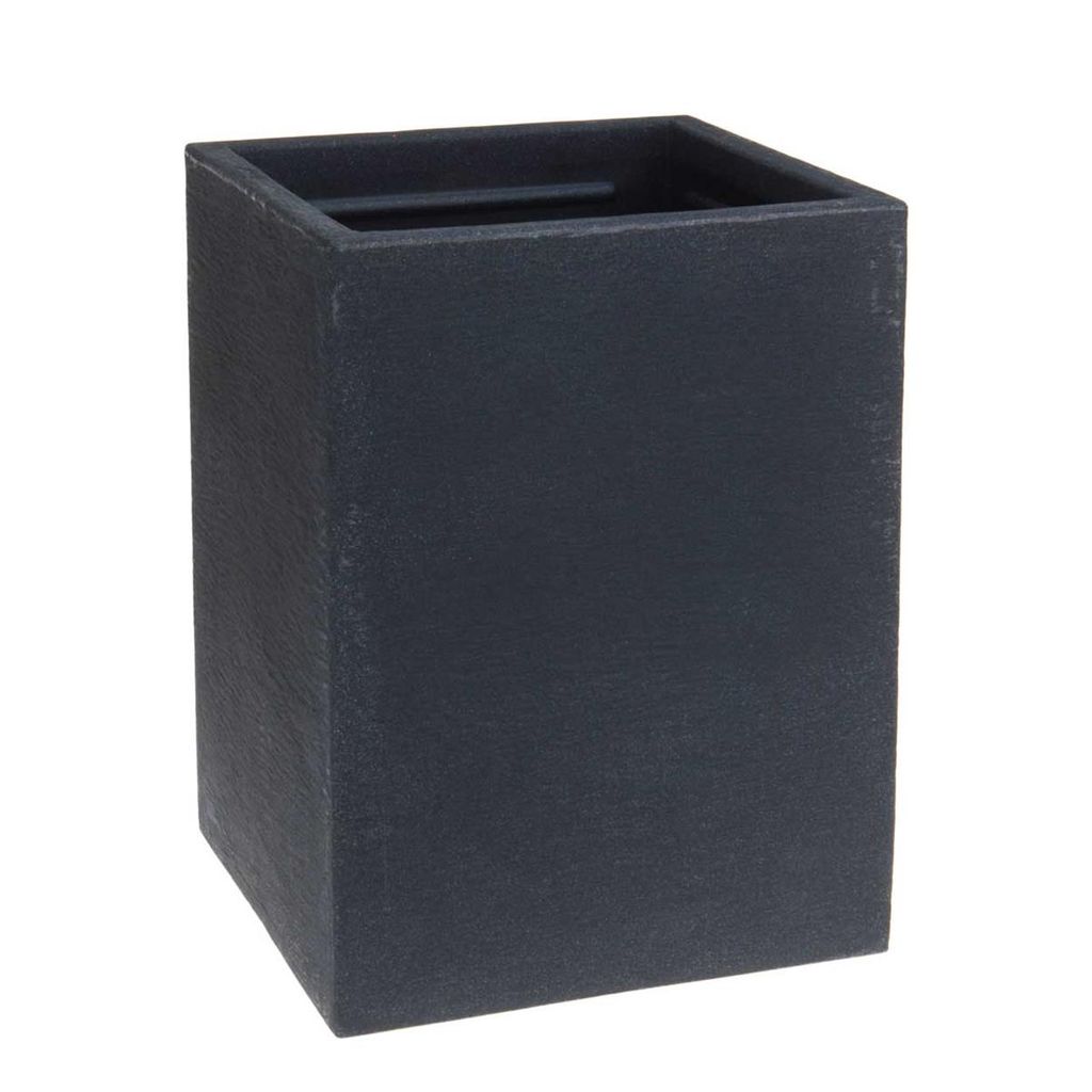 A dark gray, square planter with a textured finish, shown from a slightly elevated angle against a white background.