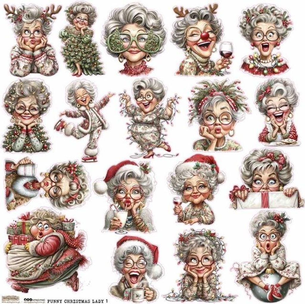 AUFKLEBER ScrapLove Nachbildung Stickers - Funny Christmas Lady 1 - Lustige Weihnachtsfrauen