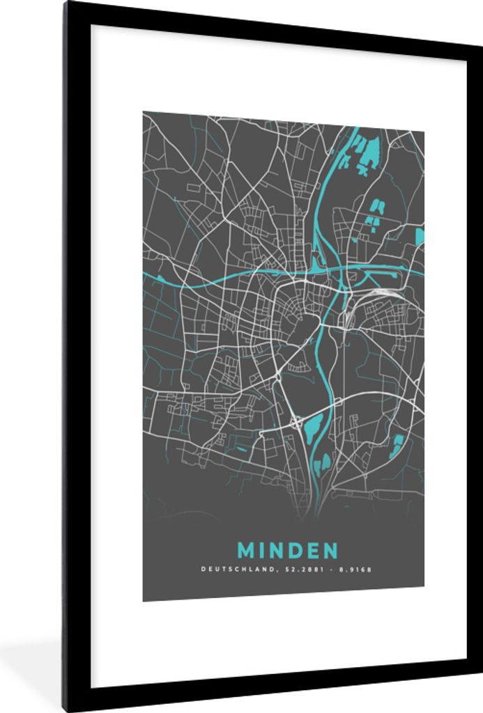 MuchoWow Gerahmtes Poster Stadtplan - Karte - Minden - Blau - Deutschland - Karte 60x90 cm - Poster mit Schwarzem Bilderrahmen Wandposter Rahmen ...