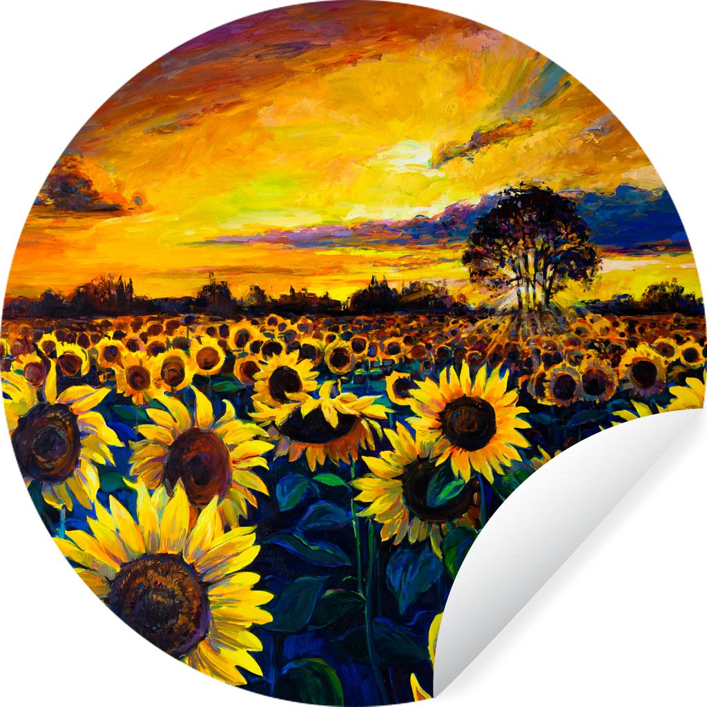 MuchoWow Runde Wandtattoo - Wandsticker Tapete Aufkleber Gemälde - Ölfarbe - Blumen - Sonnenblume Ø 100 cm Selbstklebend und Repositionierbar ...