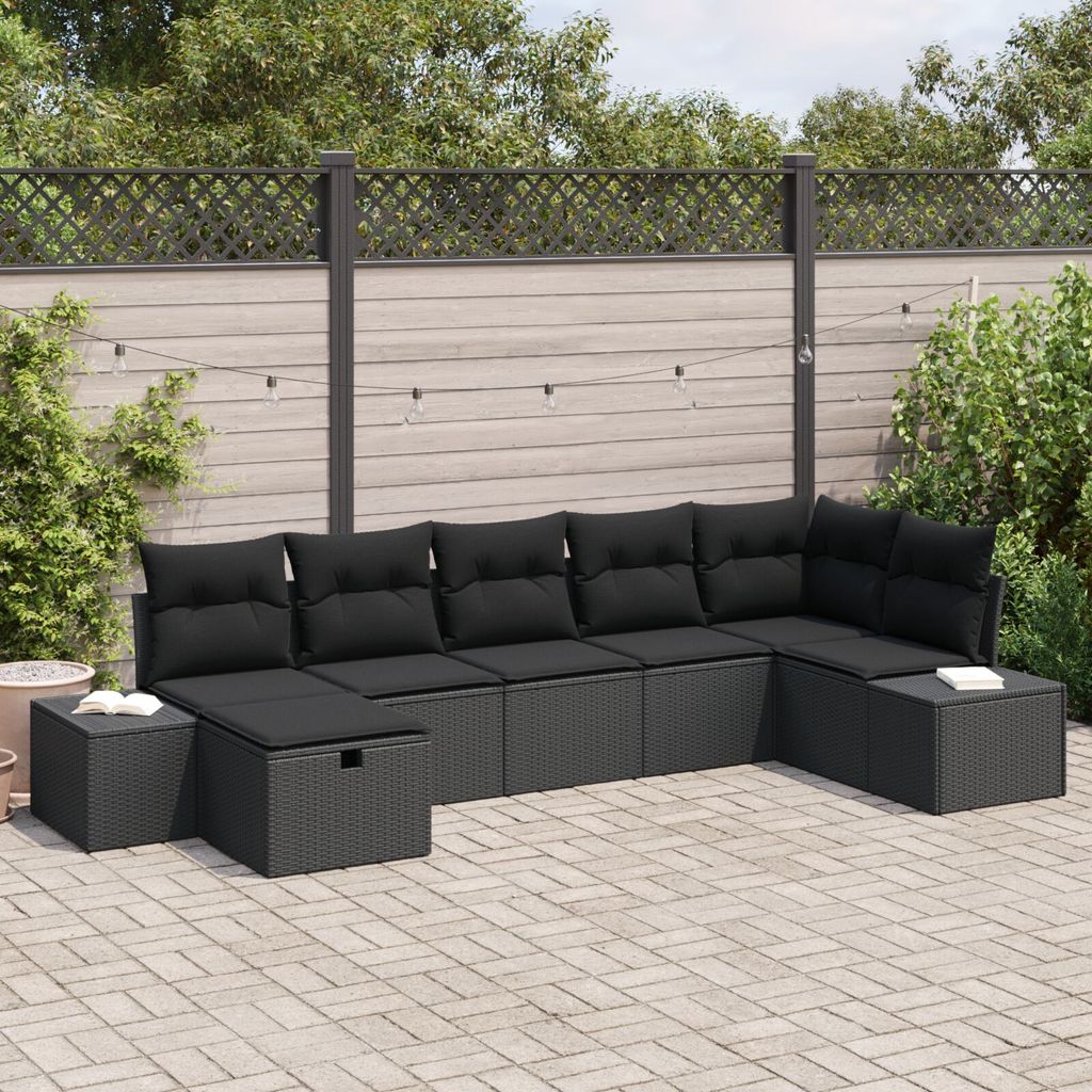 ZMH 7-teiliges Garten-Sofa-Set mit Kissen, schwarzes Poly-Rattan
