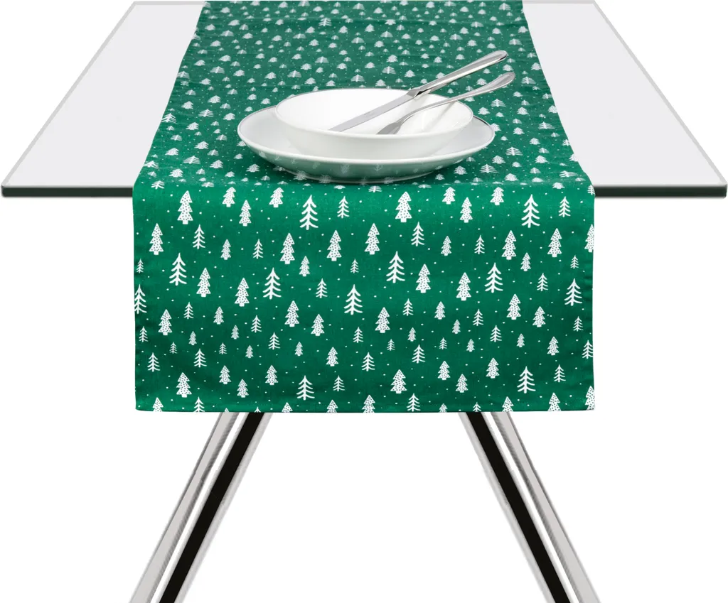 Chemin de Table en Coton Vert Green Winter Excelsa avec Serviettes Chic