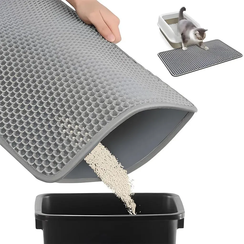 Tapis litière chat antidérapant : stop aux grains sur le sol 40x60 gris