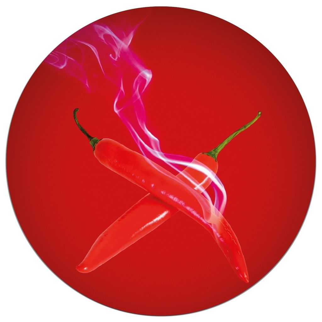 Wallario wasserfestes Poster selbstklebend 90 x 90 cm, Rauchende Chili-Schoten im Duo vor rotem Hintergrund, Badezimmerposter Spritzschutz mit Hoch...