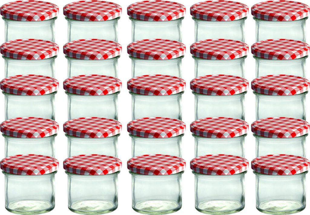 A grid of small glass jars with red and white checkered lids.
