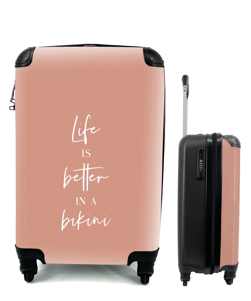 MuchoWow Koffer Handgepäck Trolley Rollkoffer Kleine Reisekoffer mit 4 Rollen - Das Leben ist besser im Bikini - Zitat - Pink - Cabin Size < 55x...