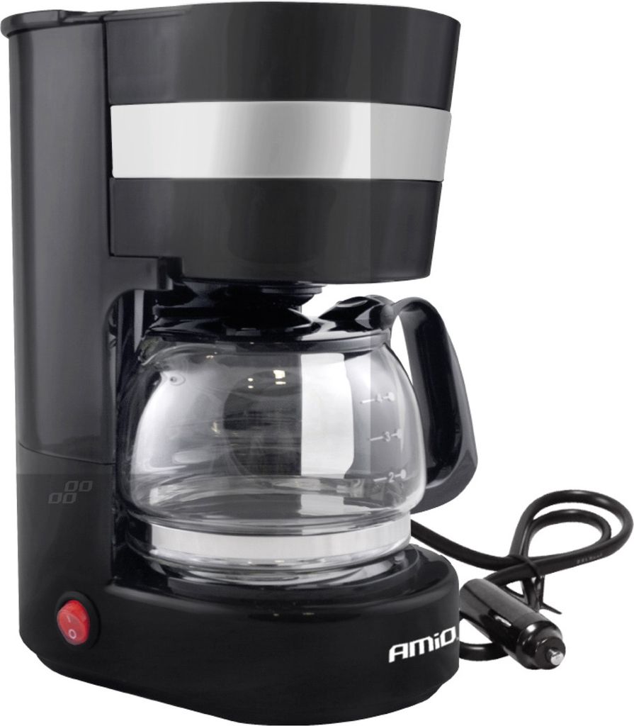 A black coffee maker with a glass carafe and a silver band on a white background.