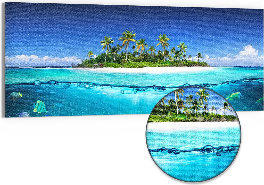 DEQORI Hybrid Leinwand Bild 150x60 cm 'Insel im tropischen Meer' Wandbild Glas flach modern