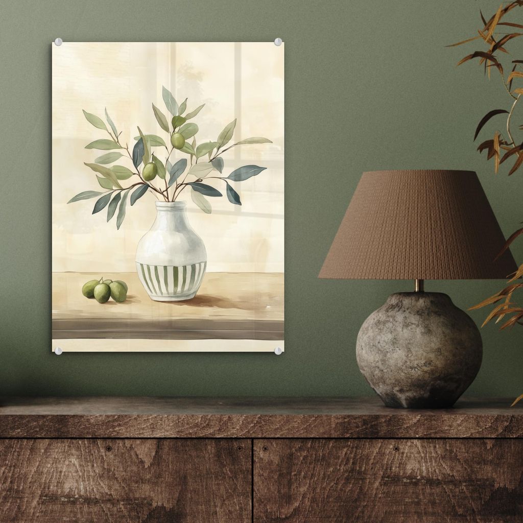 MuchoWow Glasbilder - Bilder auf Wandbild - Foto auf Glas Vase - Keramik - Olivenzweige 30x40 cm Wanddekoration aus Glas - Acrylglasbild - Acrylbil...