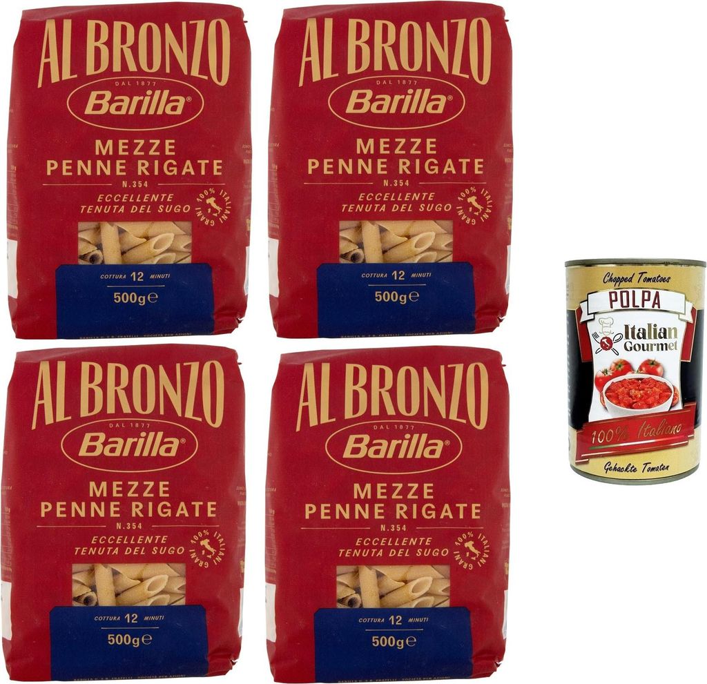 Barilla Al Bronzo Pasta Mezze Penne Rigate Bronze Gezogene Pasta Rohe Verarbeitungsmethode4x 500gr + Italian Gourmet polpa 400g