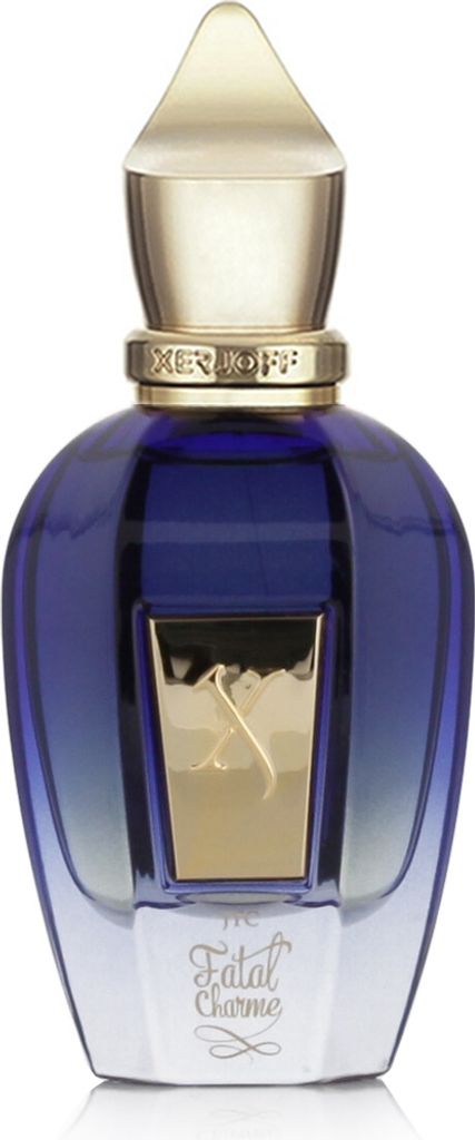 A product shot of a blue perfume bottle with a gold cap and accents.