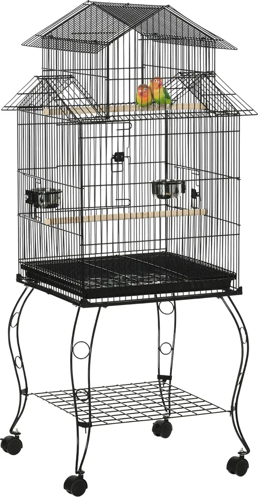 Cage oiseaux facile à nettoyer avec roues et plateau amovible, fer noir
